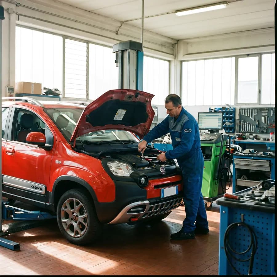 Meccanico al lavoro su una Fiat Panda rossa in officina