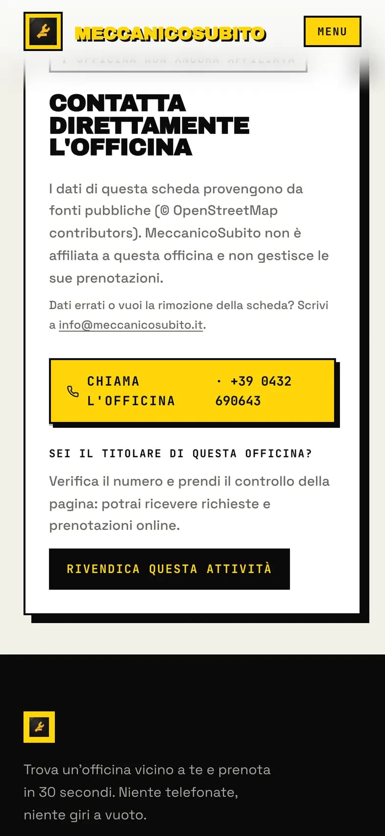 Pannello Contatta direttamente l'officina con il tasto Chiama e in fondo il bottone Rivendica questa attività