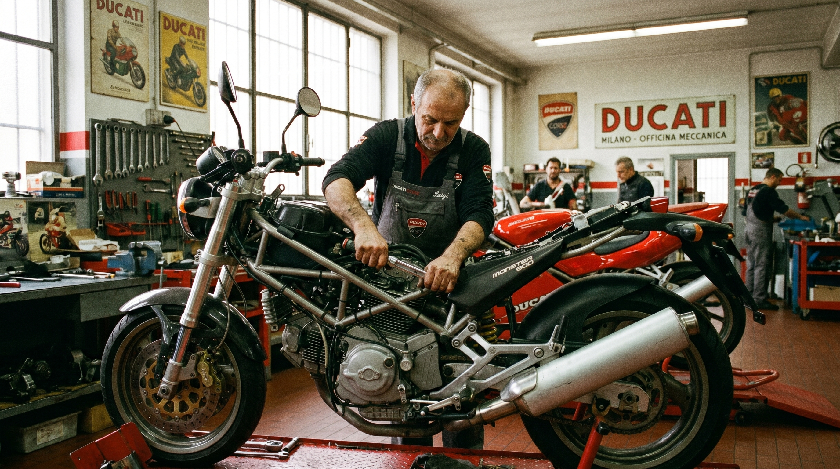 Officina moto al lavoro su una Ducati